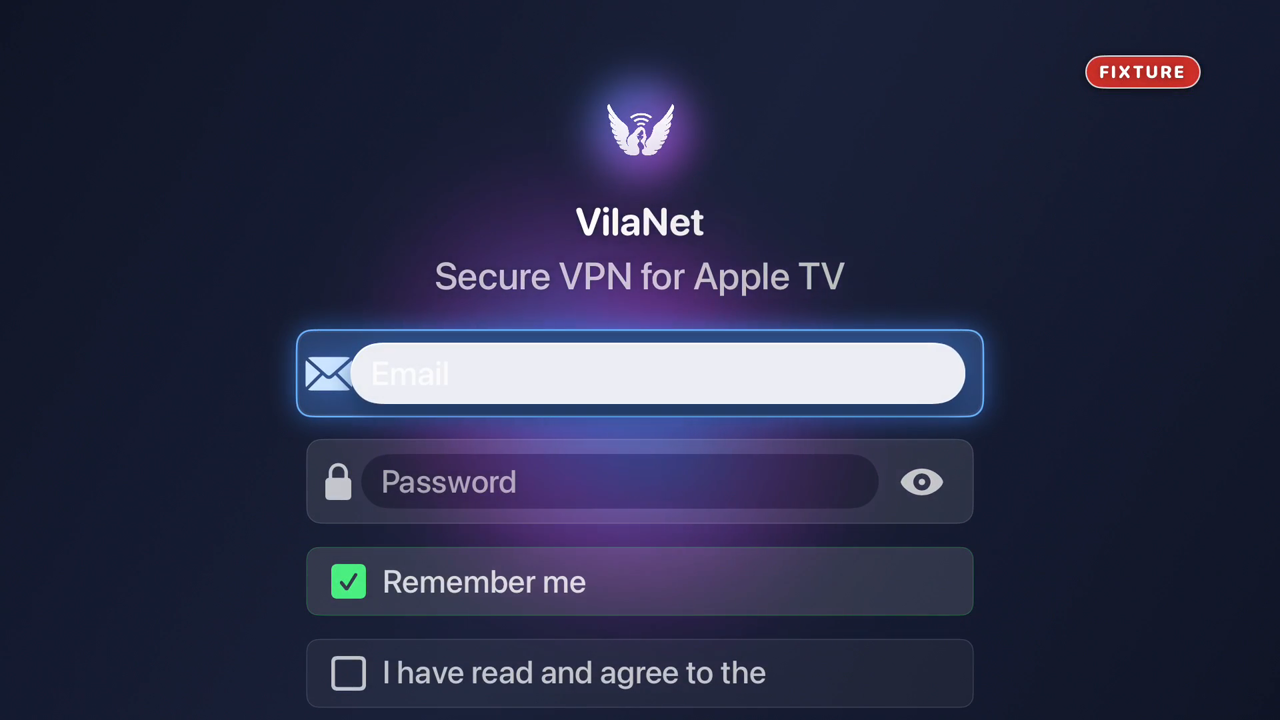VilaNet sign-in screen on Apple TV: the Email field is focused, with Password, Remember me and the 