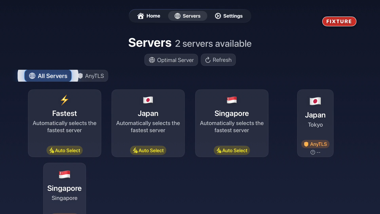 The Servers tab showing how many servers are available, the Optimal Server and Refresh buttons, the All Servers / AnyTLS filter, the Fastest / Japan / Singapore Auto Select cards and the individual nodes.