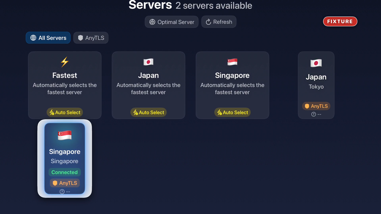 After switching servers, the Singapore card carries the green 