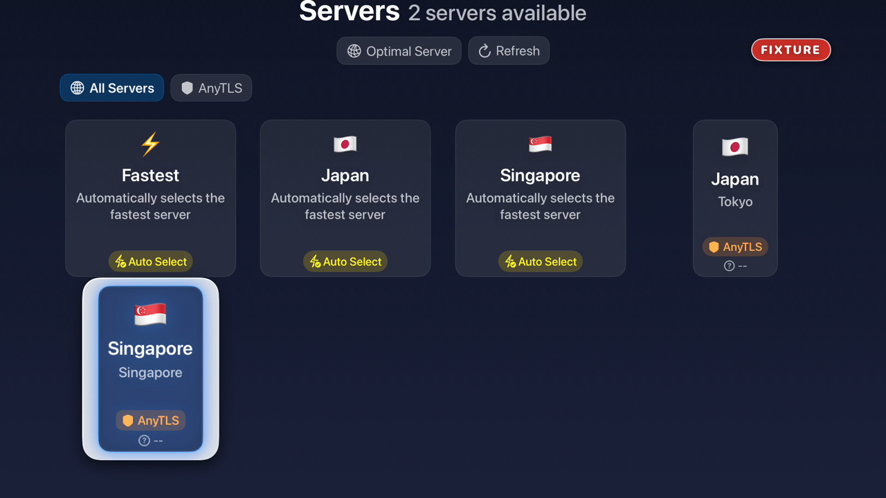 The Servers tab after disconnecting: the Singapore card is still the selected server but the green 