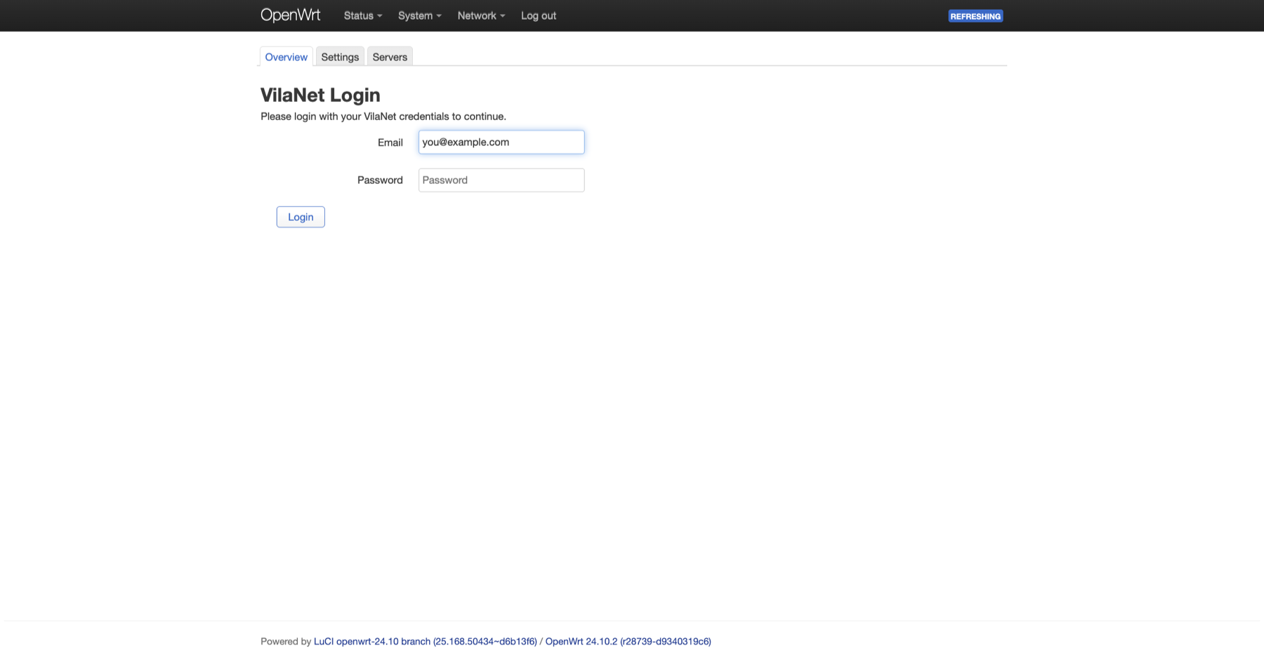 Real VilaNet login screen in OpenWrt LuCI with synthetic account text