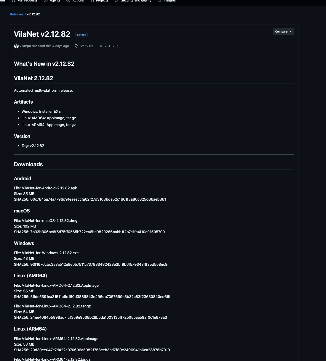 Official VilaNet 2.12.82 release downloads on GitHub