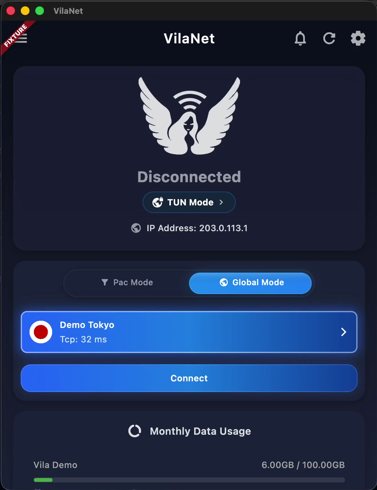 VilaNet main page (narrow layout): ☰ at the top left, the status