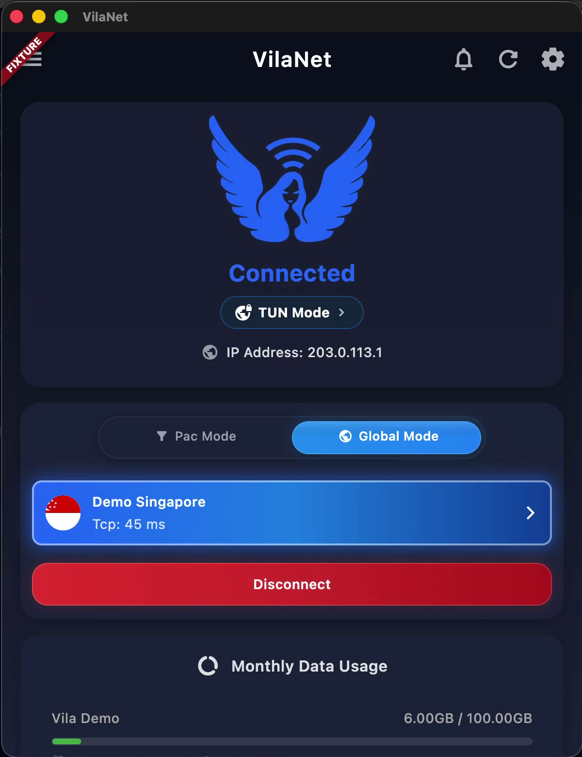 Narrow-layout main page: the wing logo is blue, the status text is the blue