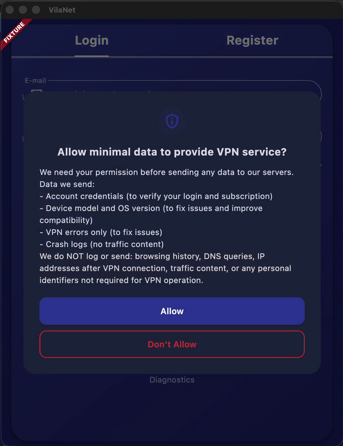 The data-consent dialog (narrow layout): the title