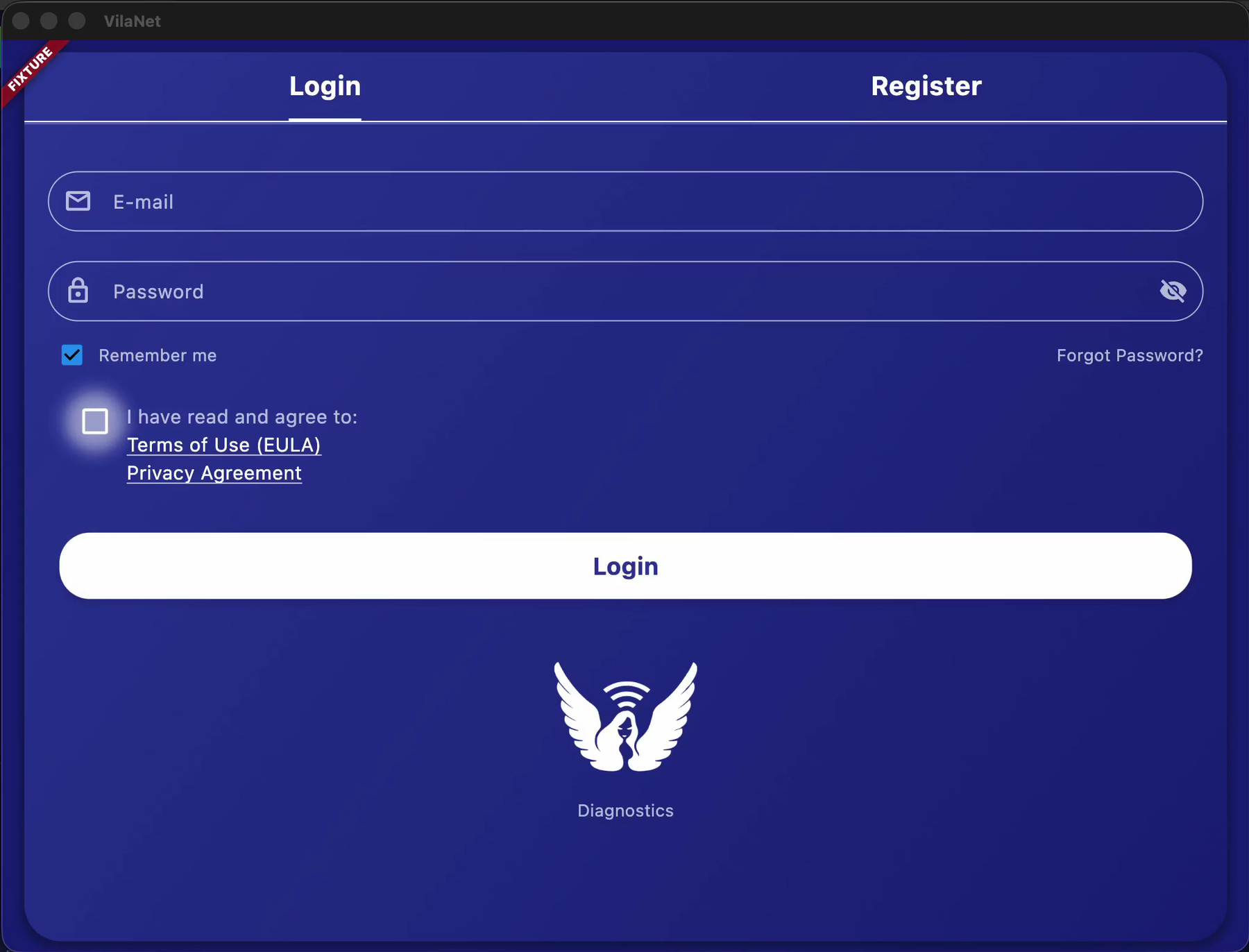 VilaNet login screen (wide window): 