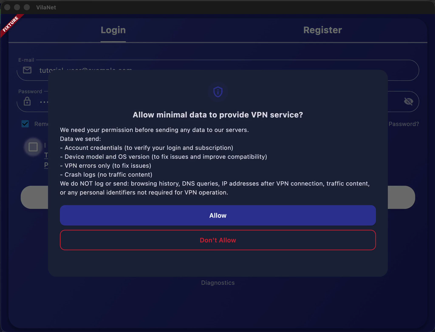 The data-consent dialog (wide window): the title 