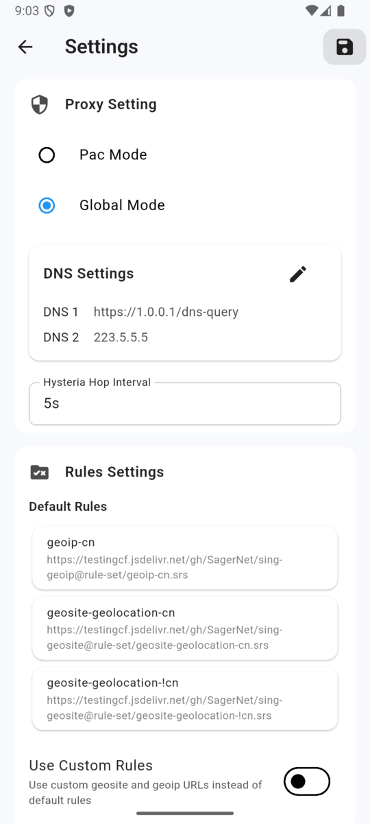 実際のVilaNetルーティング、DNS、ルール設定画面